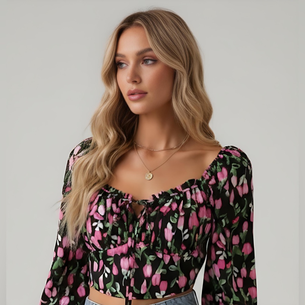 Floral Print Knot Front Flounce Sleeve Crop Blouse